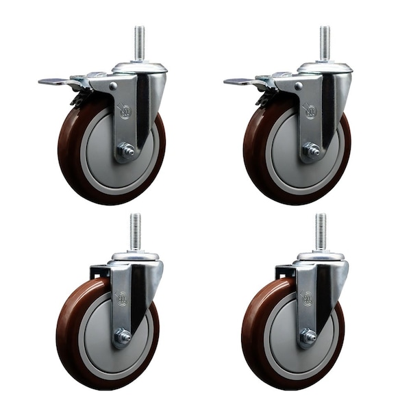 Service Caster 5 Inch Maroon Polyurethane Swivel 58 Inch Threaded Stem Caster Set 2 Total Lock Brakes SCC-TSTTL20S514-PPUB-MRN-58212-2-S-2 - main